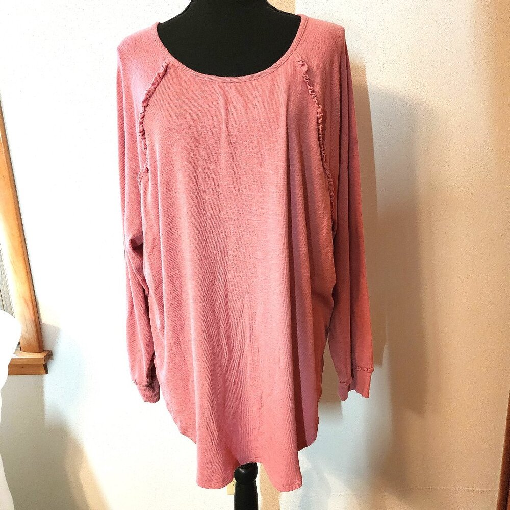 LC LAUREN CONRAD WOMEN'S 1X ROUND NECK RAGLAN SLEEVE RUFFLE TUNIC TOP EUC #547